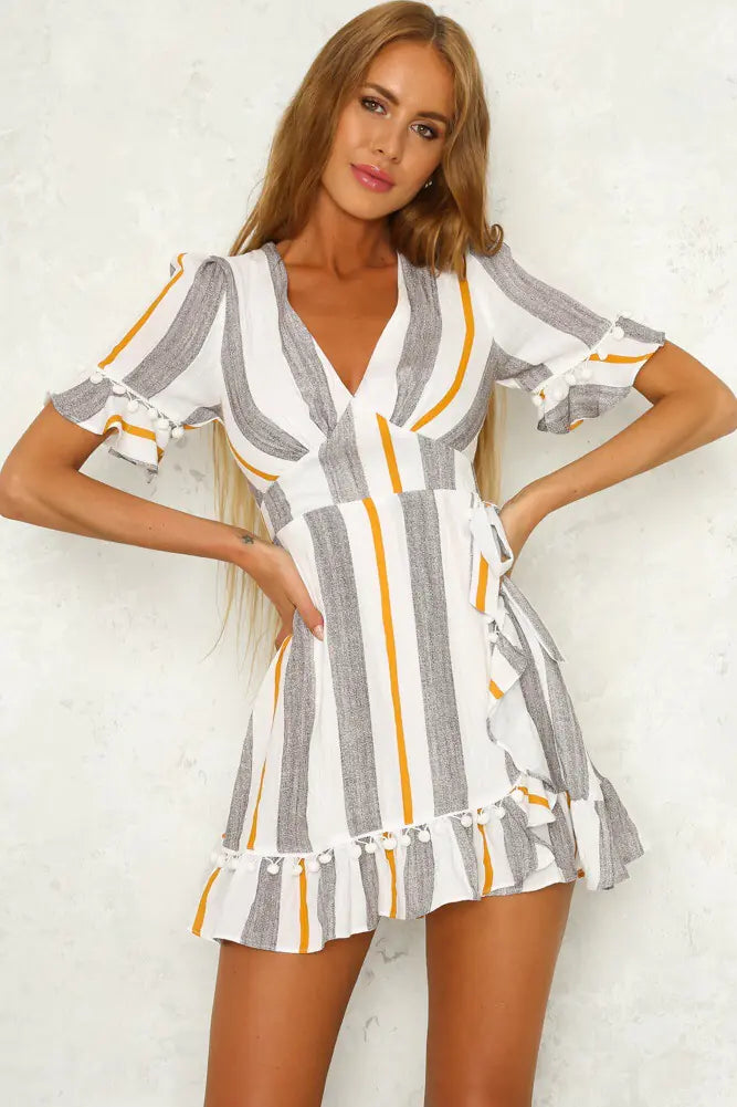 Colorful Striped Waist-Defined Short Sleeve Dress