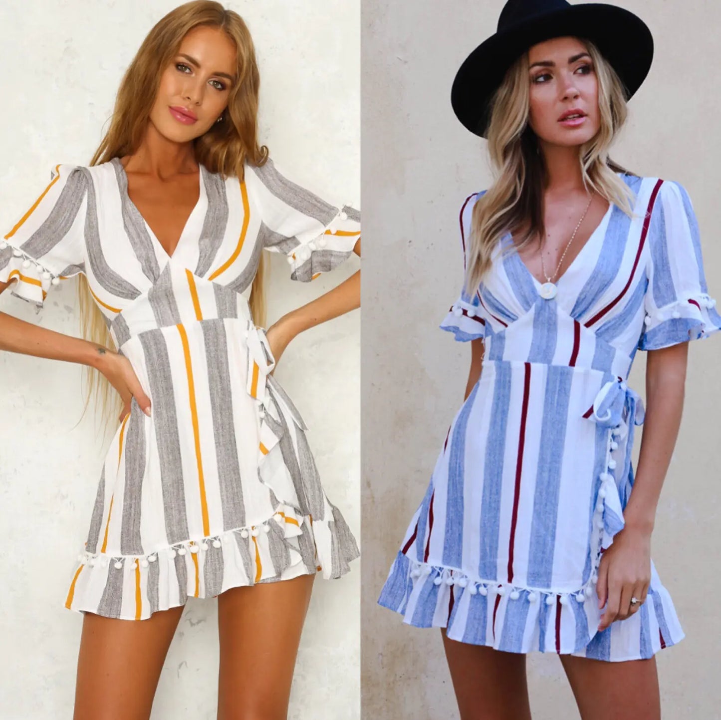 Colorful Striped Waist-Defined Short Sleeve Dress